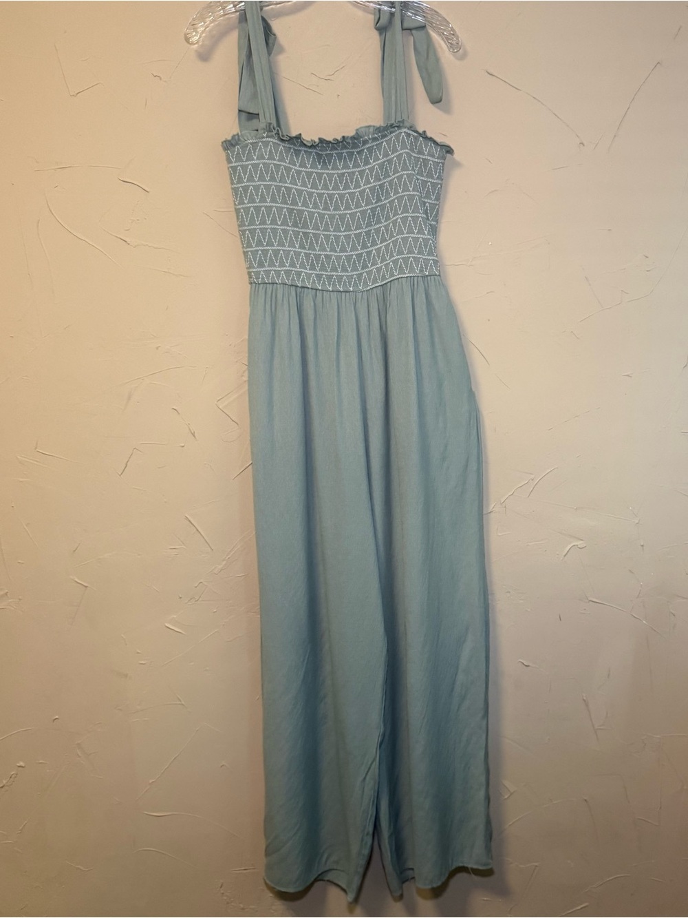 Audrey Parks x Francesca Smocked Jumpsuit M Boho Cottagecore Wide Leg Sage/Mint - Picture 3 of 15